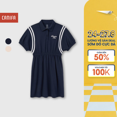 Váy liền bé gái CANIFA chất liệu cotton USA dáng xòe cộc tay cổ polo 1DS25W002