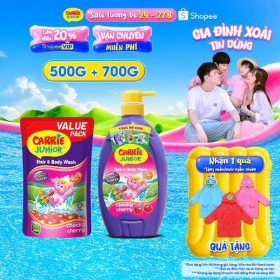 Combo Sữa Tắm Gội thiên nhiên Sạch Dịu Nhẹ & ẩm mịn Cho Bé Carrie Junior hương Cheeky Cherry: Chai 700g + Túi 500g