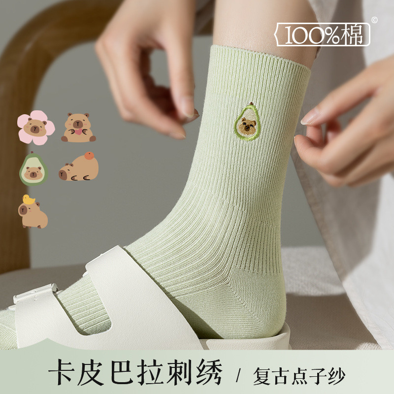Bán buôn tất nữ cotton nguyên chất, 100% cotton, kiểu mỏng mùa xuân/hè, tất cổ trung thời trang, tất