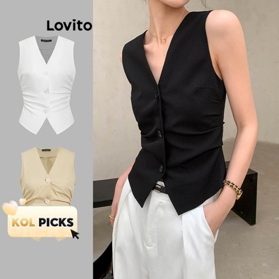 (KOL‘s pick) Áo Lovito cộc tay nút trước xếp ly màu trơn thường ngày cho nữ L65ED049 (Nhiều màu)