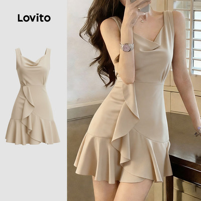 Đầm Lovito phong cách thường ngày xếp nếp mùa xuân/hè màu kaki cho nữ LK4ED853
