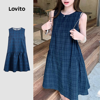 Đầm Lovito phong cách thường ngày lai bèo xếp nếp mùa xuân/hè màu xanh navy cho nữ L164LD121