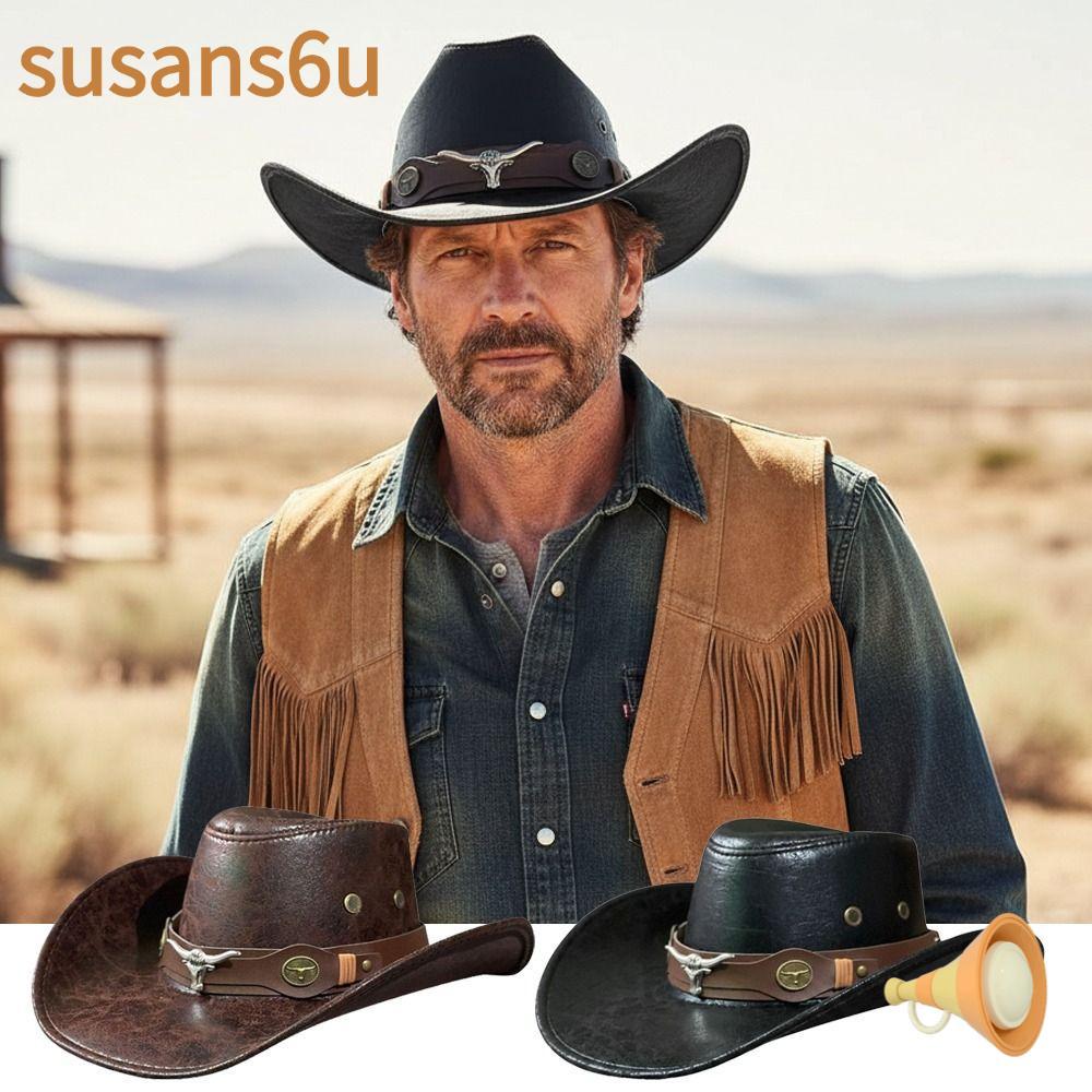 SUSAN Faux Leather Cowboy Hat, Bull Head Buckle Vintage Western Cowboy Hat, Mũ Chống Nắng Thời Trang