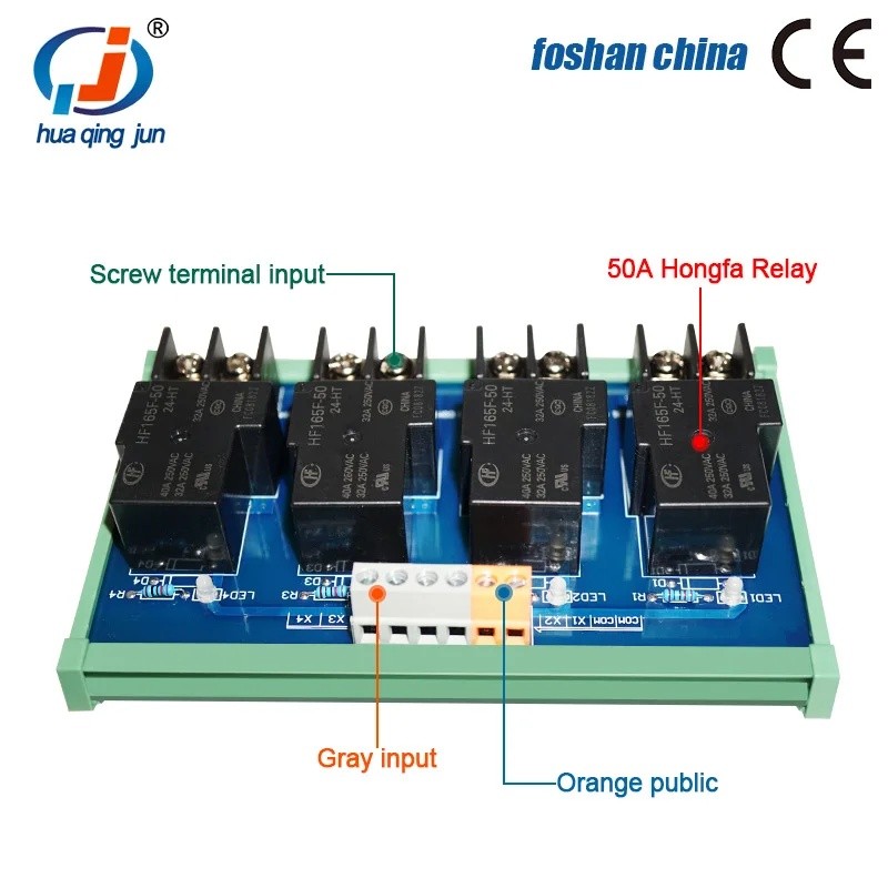Huaqingjun 4-Channel 50A Hongfa Relay Module Công suất cao Đơn mở HF105F-1 Rơle cho PLC