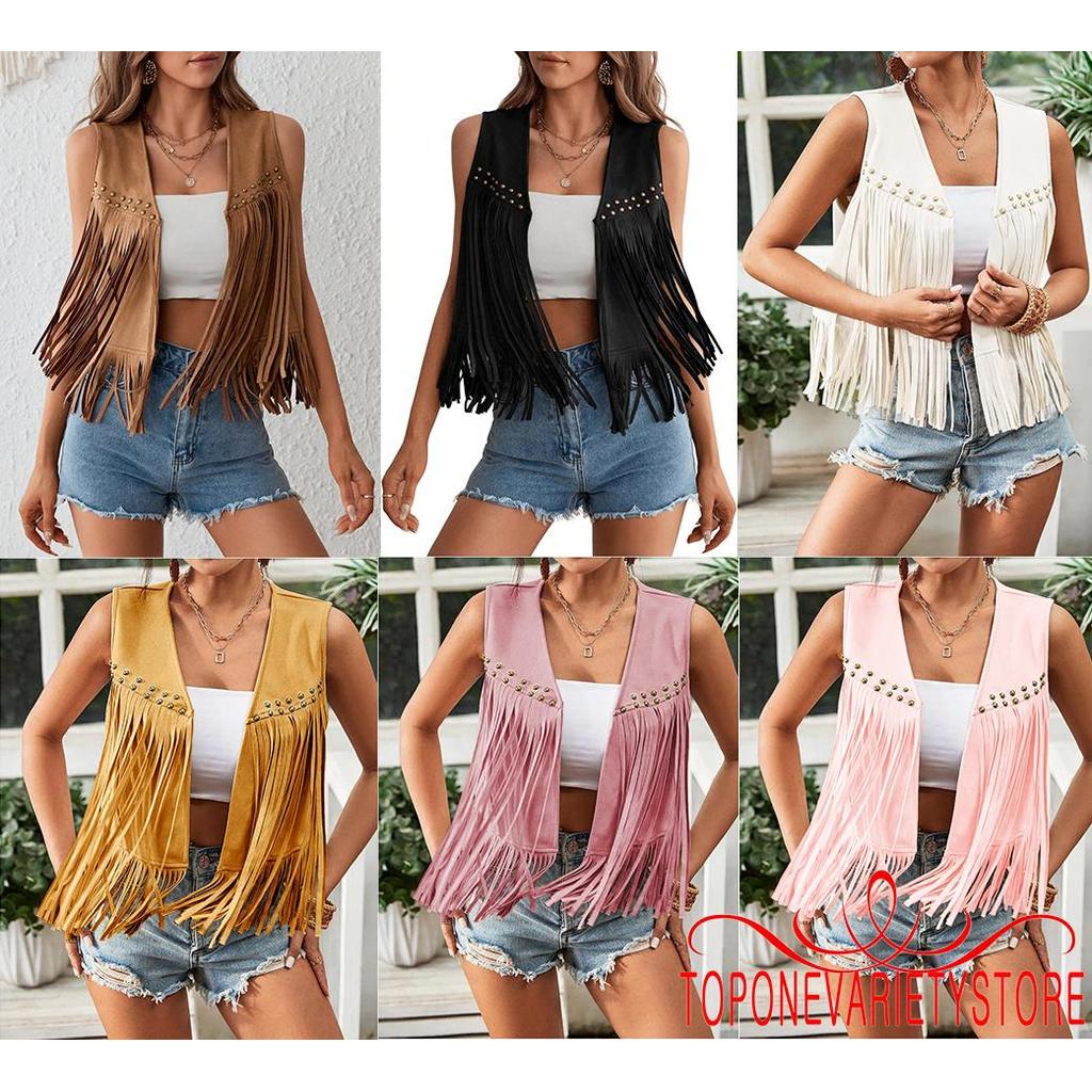 Topone-Fringe Rivet Áo Vest Không Tay Nữ Da Lộn Phương Tây Cao Bồi Phong Cách Tua Rua Áo Khoác Ngoài