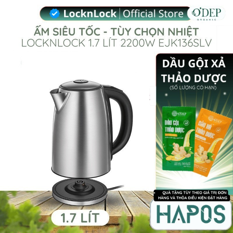Ấm đun siêu tốc LocknLock 1.7L 2200W tùy chọn nhiệt độ sôi, giữ ấm pha sữa EJK136SLV - Chính Hãng HA