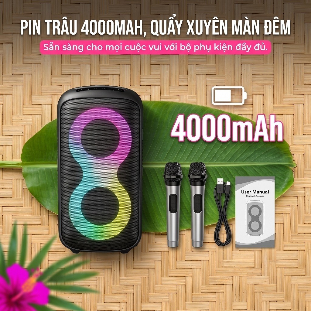 Loa Karaoke Bluetooth 40W Kèm 2 Mic Không Dây, Pin 4000mAh, TWS/USB/TF/FM/AUX