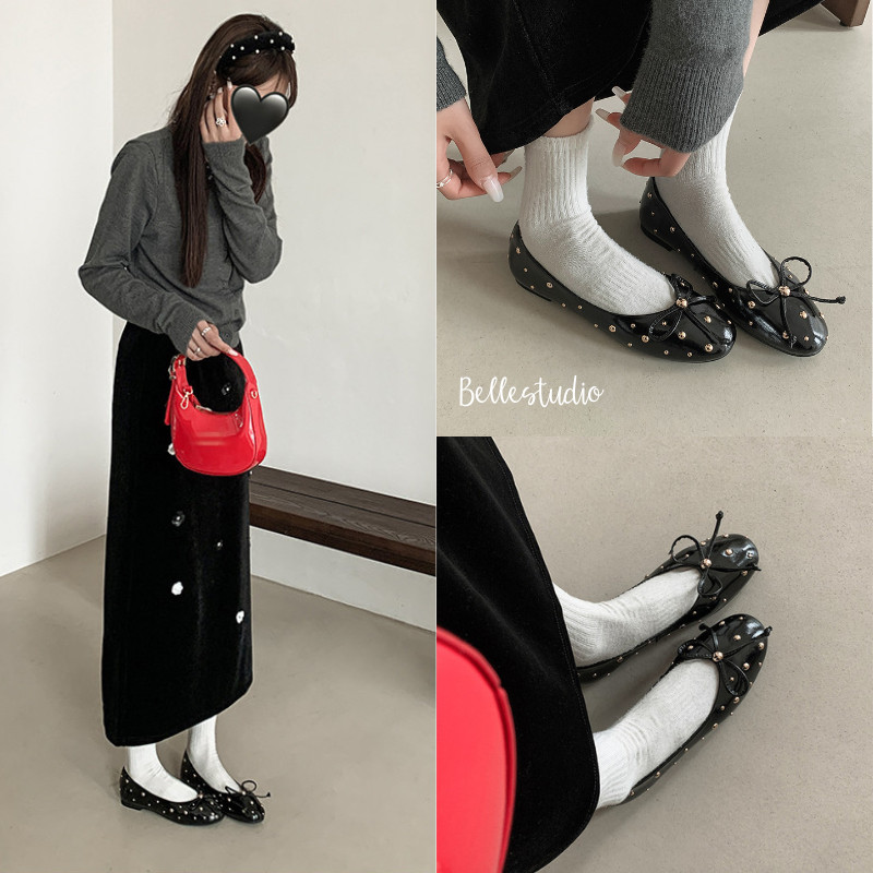 Giày Lười Nữ Da PU Mũi Tròn Cài Nơ Đính Hạt Elegant Ballet Flat Kiểu Pháp Sang Trọng BB12 Bellestudi