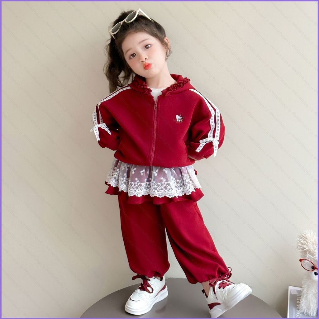 NS1 Bộ đồ thể thao thời trang dành cho bé gái màu đỏ NS1 Áo và quần có mũ trùm đầu mùa xuân thu SN1