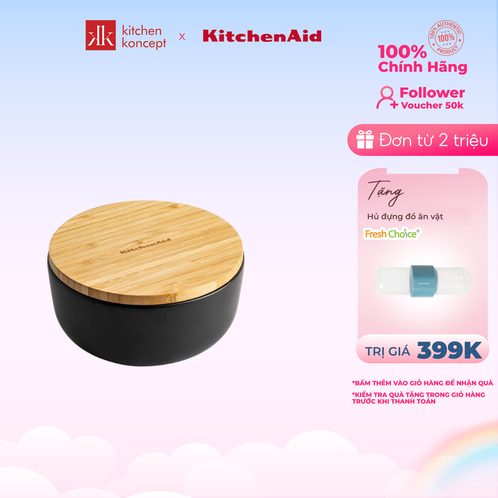 KitchenAid - Tô gốm có nắp tre màu đen - 15cm (1L)