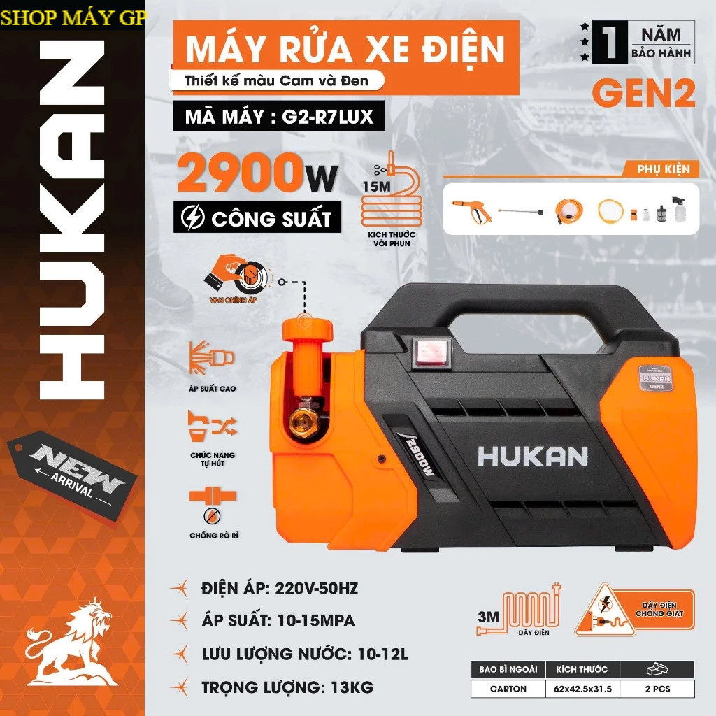 Máy Rửa Xe Điện HUKAN G2-R7LUX | Công Suất 2900W, Áp Suất 10-15MPA, SHOP MÁY GP
