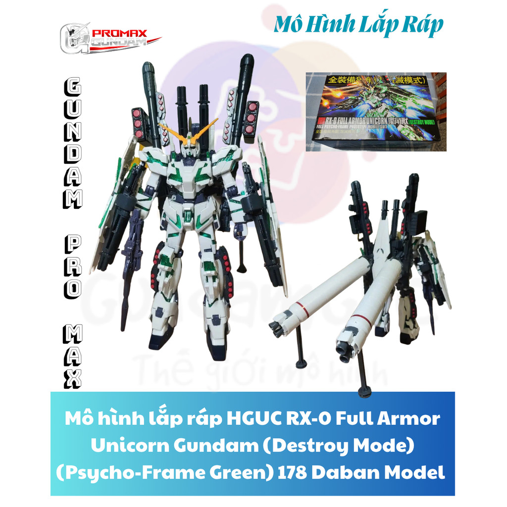 Mô hình lắp ráp HGUC RX-0 Full Armor Unicorn Gundam (Destroy Mode) (Psycho-Frame Green) 178 Daban Mo