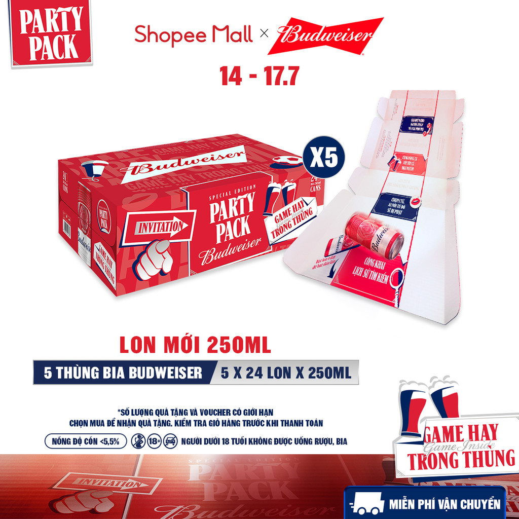 [MỚI] Combo 5 Thùng 24 Lon Bia Budweiser PartyPack Chính Hãng (250ml/lon)