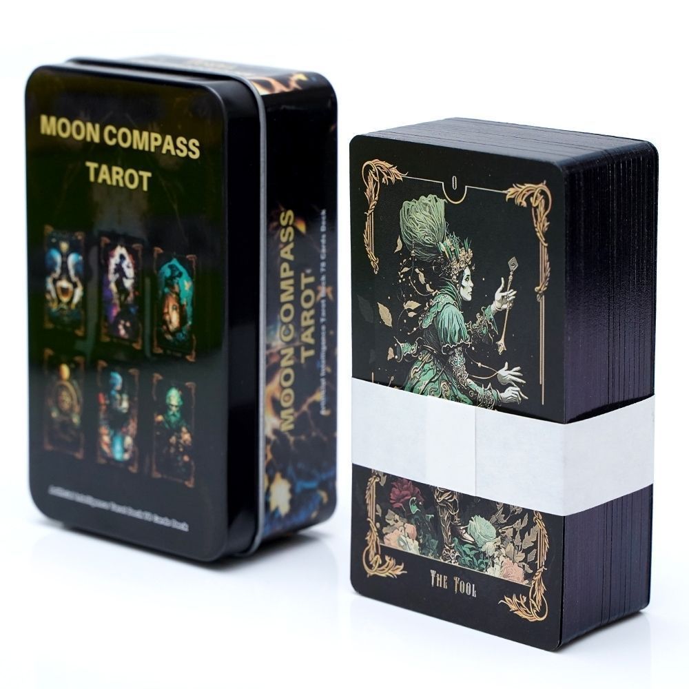 Hộp thiếc 10.3 * 6cm Moon Compass Tarot Bảng tiếng Anh Trò chơi Thẻ trò chơi Moon Compass Tarot
