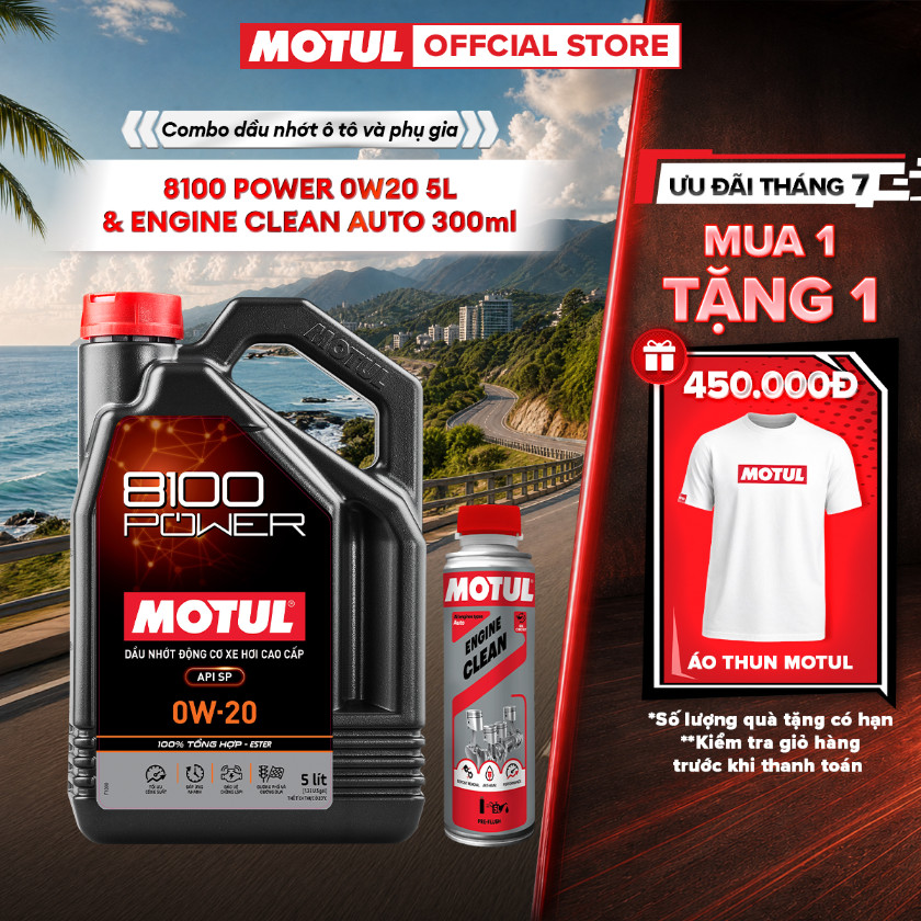 Combo Dầu nhớt xe ô tô MOTUL 8100 POWER 0W20 5L và Phụ gia vệ sinh động cơ xe ô tô - ENGINE CLEAN AU