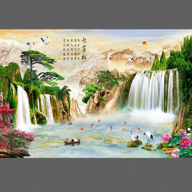 Wallpaper mural pemandangan alam gaya Tionghoa modern untuk kantor dan ruang kerja, latar belakang d