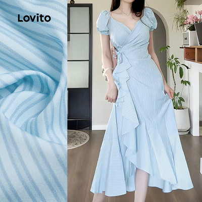 Đầm nữ Lovito xanh dương xuân hè đắp tà lai bèo xếp nếp thanh lịch L165ED1507