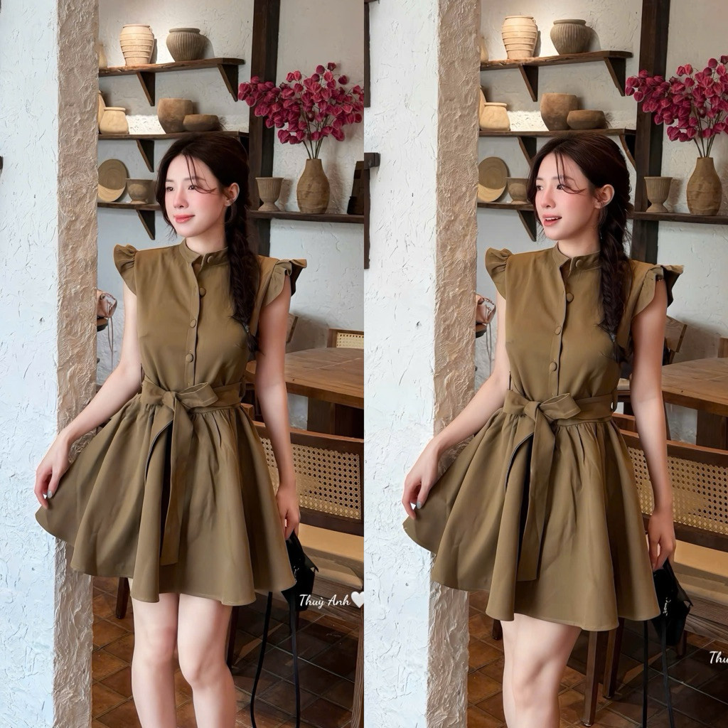 ĐẦM KAKI KHUY BỌC TAY BÈO KÈM DÂY EO BYJOLIE