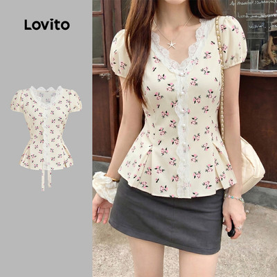 Lovito Phong cách thường ngày Áo sơ mi ren dễ thương có nút phía trước phù hợp cho mùa xuân/hè dành cho phụ nữ L154ED1015