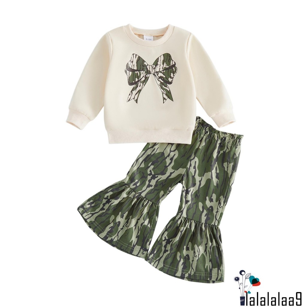 LA-Toddler Girls 2 Món Trang Phục Đáng Yêu Camo Bow In Áo Dài Tay Và Ngụy Trang Bộ Quần loe