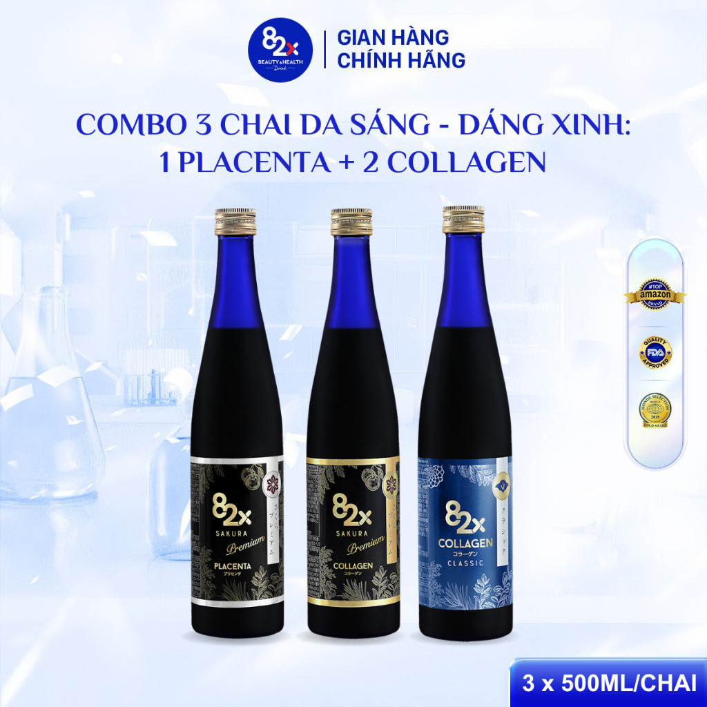 Combo 3 Chai Nước Uống 82X Gồm Collagen + Sakura Collagen + Sakura Placenta 500ml/chai