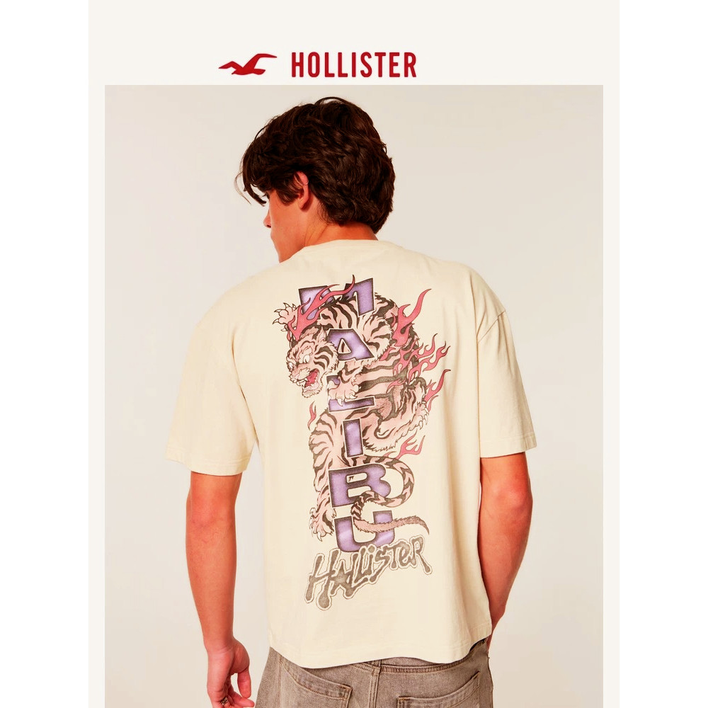 Hollister American Retro Phong Cách Đường Phố Lưng Rồng Và Hổ In 200GSM Cổ Tròn Tay Ngắn Nam Nữ Cott