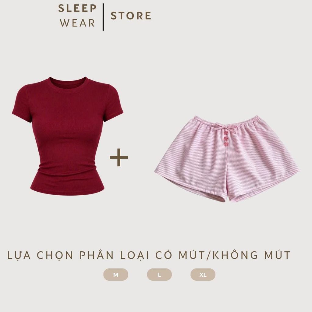 Set áo thun cổ tròn thắt eo kèm quần đùi phối hoa thêu hottrend