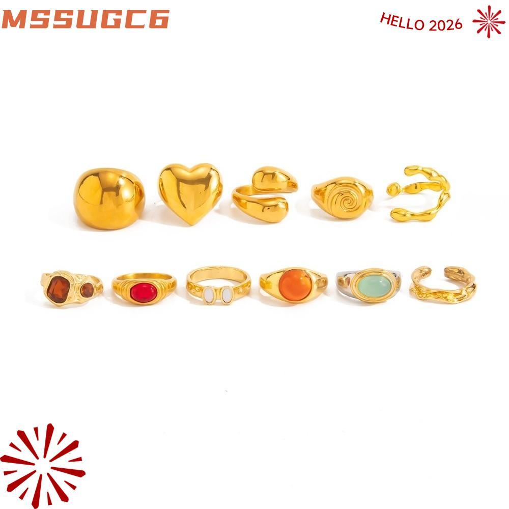 MSSUGC6 11 Cái / bộ Nhẫn Xếp Chồng, Nhẫn Mở Kim Loại Màu Vàng Bóng, Ins Style Color Gem Inlay Thiết 