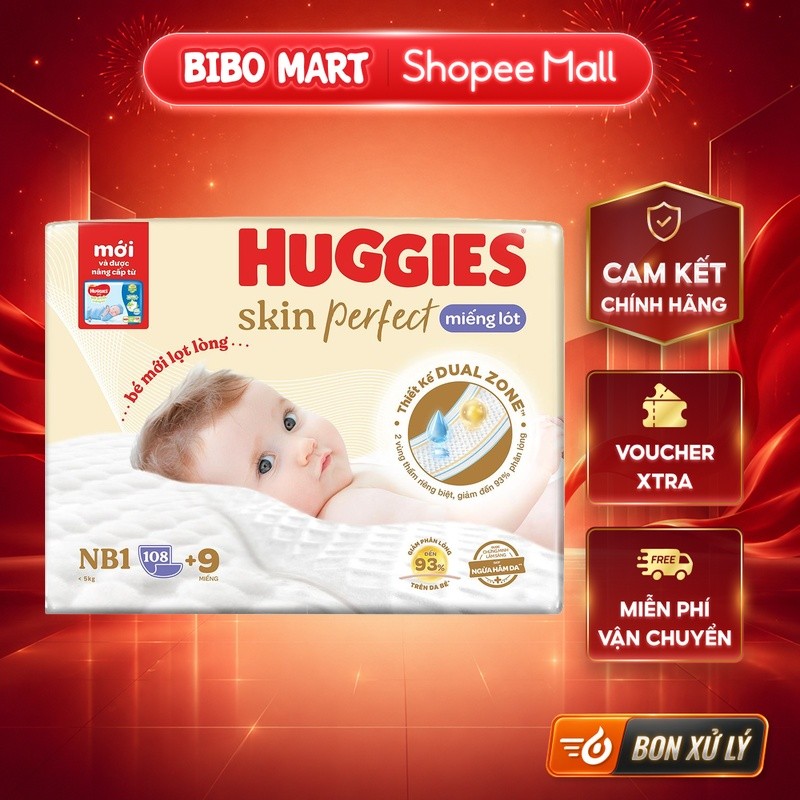 [KOL] Tã dán Huggies Skin Perfect size NB1 - 108+9 miếng - BM001.1