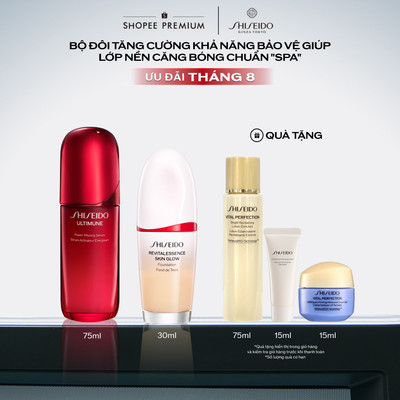 Combo Revitalessence Skin Glow Kem nền 30ml và Tinh chất dưỡng da Shiseido Ultimune Power Infusing 4.0 Serum 75ml