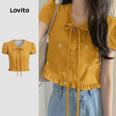 Áo kiểu nữ Lovito vàng xuân hè nút trước buộc dây phong cách thường ngày LK4ED866