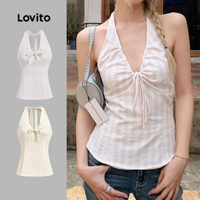 Áo sát nách nữ Lovito hồng nhạt xuân hè hở lưng buộc dây hoạ tiết kẻ sọc phong cách thường ngày L136AD305