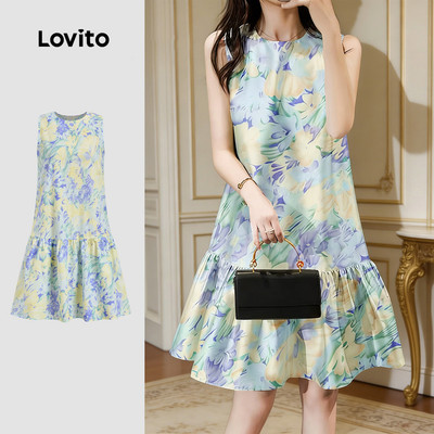 Đầm nữ Lovito xuân hè ôm eo lai bèo xếp nếp hoa phong cách thường ngày L184ED882