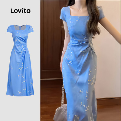 Lovito thanh lịch Đầm phong cách mùa xuân/hè màu xanh dương cho nữ L177ED342