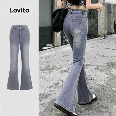 (New Arrival) Lovito Quần jean xanh nhạt rửa đá có khóa kéo và nơ phong cách Casual cho nữ L195AD076