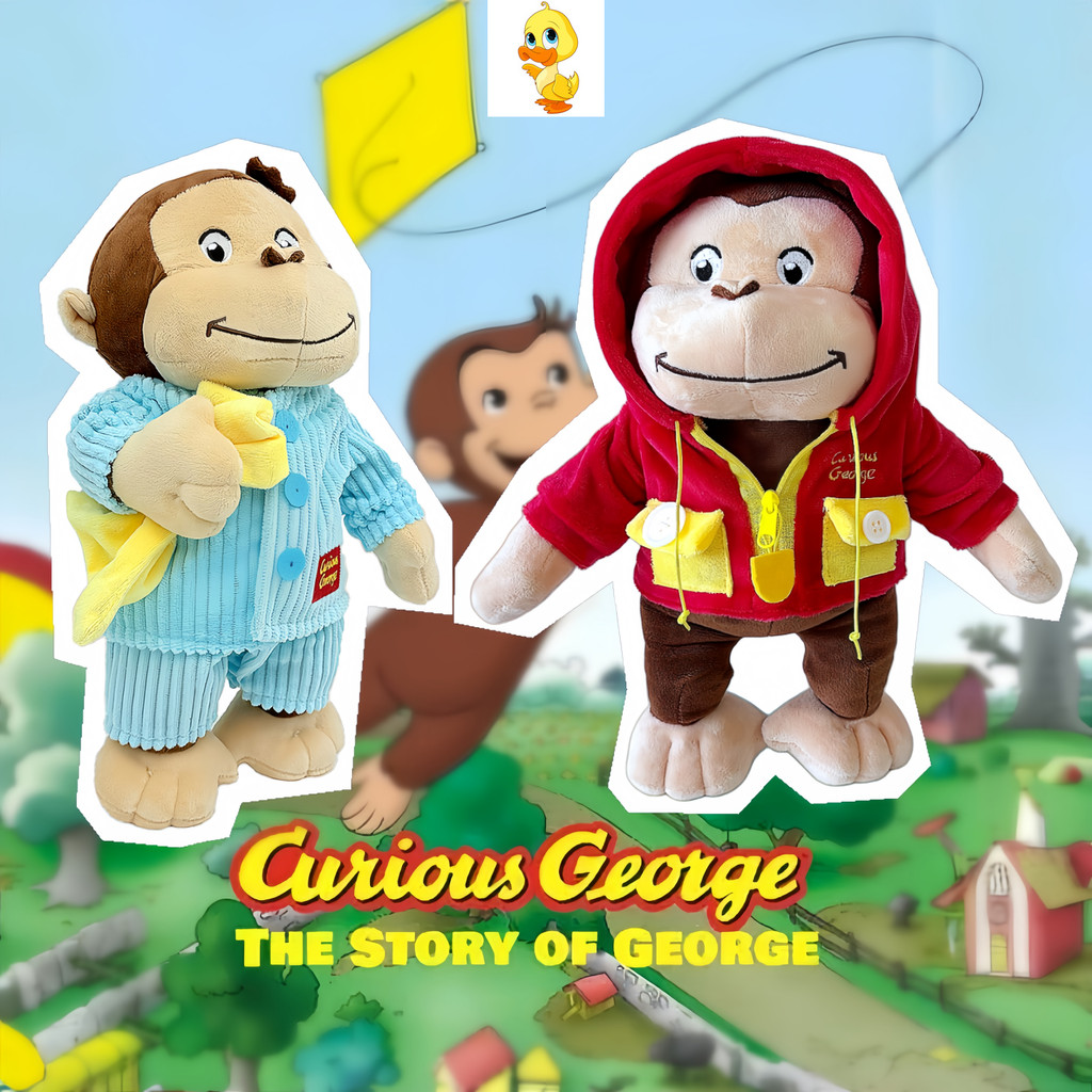 PLUS✨Kawaii Curious George Monkey Plushie Doll Fun Red Hoodie Curious George Monkey Sang Trọng Đồ Ch
