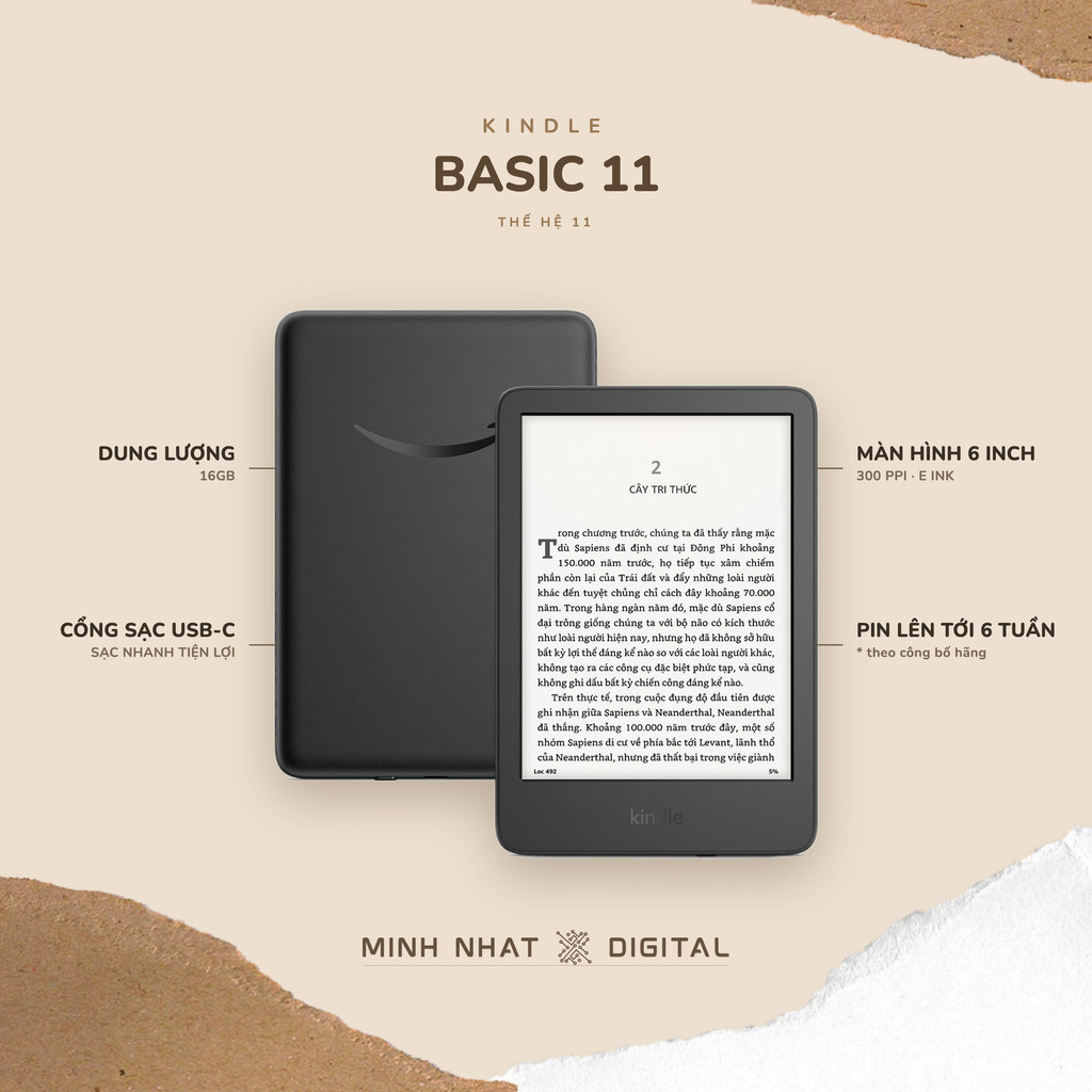 Máy đọc sách Kindle Basic 11 (Tặng bao da hoặc ốp lưng) 6 inch đèn nền USB-C - 11th Gen