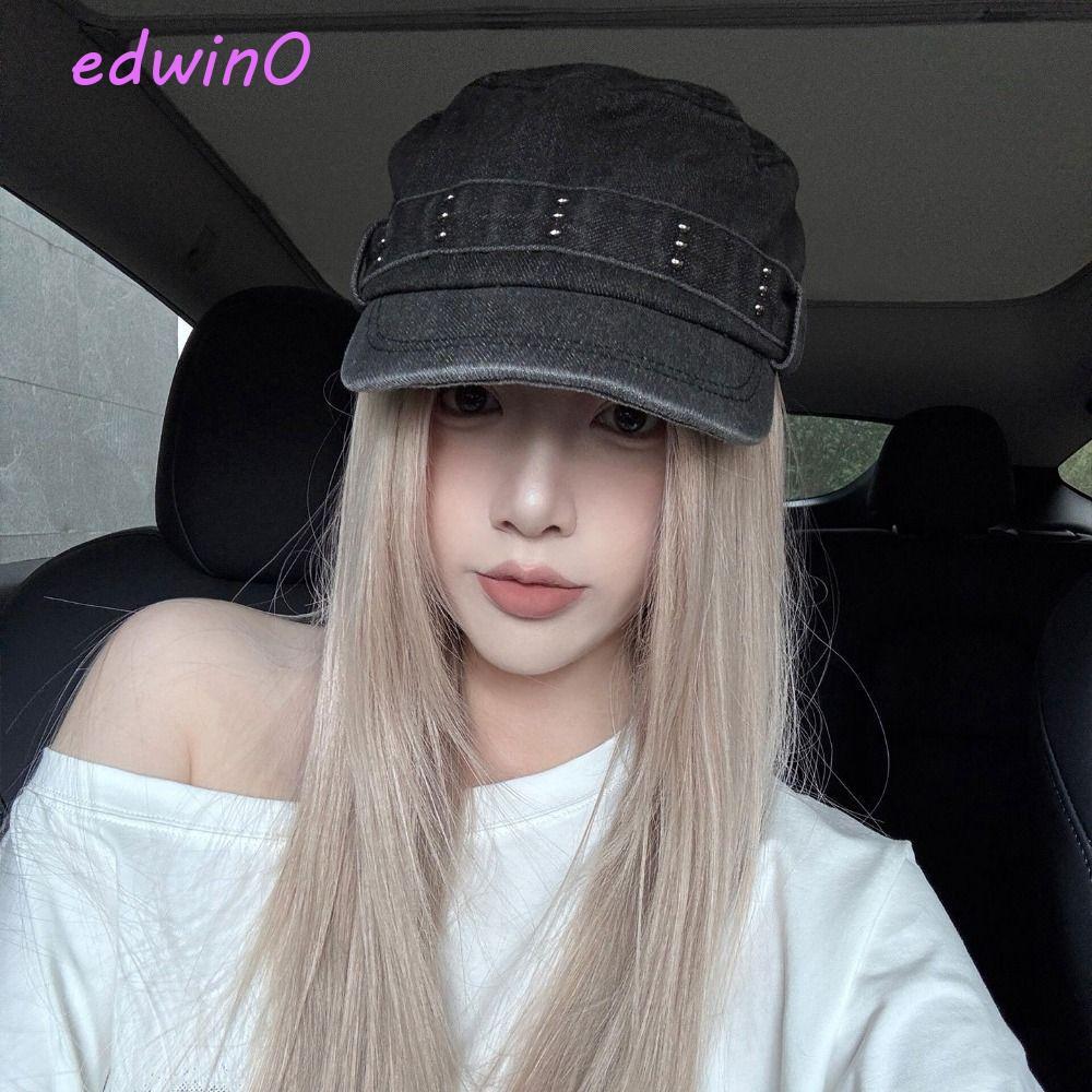 EDWIN Flat Top Hat, Rivet Gothic Peak Cap, American Washed Denim Y2k Tấm Che Cadet Cap Ngoài Trời