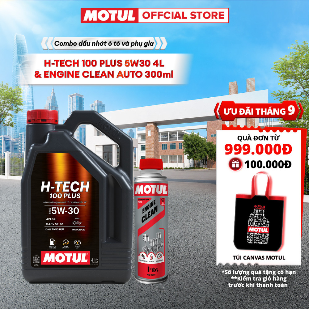 Combo Dầu nhớt xe ô tô MOTUL H-TECH 100 PLUS 5W30 4L và Phụ gia vệ sinh động cơ xe ô tô - ENGINE CLE