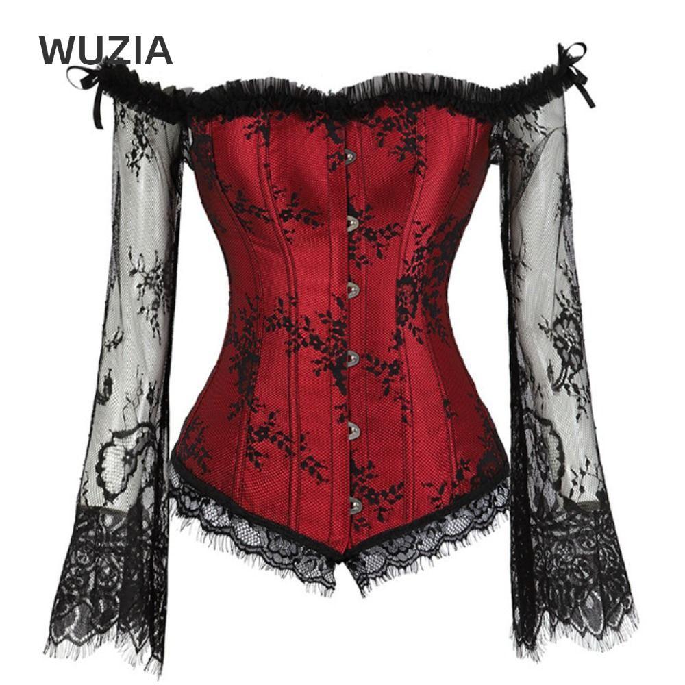 WUZIA Corset Top, Ren Hoa Dài Tay Nữ Court Corset, Dây Đeo Vai Cổ Điển Ren Overbust Ren Corset Phục 