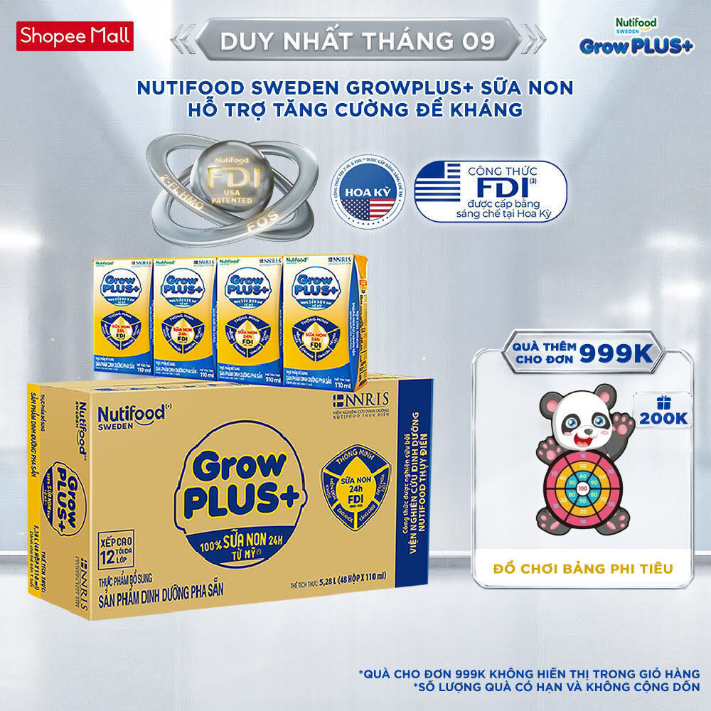 Thùng Sữa Bột Pha Sẵn GrowPLUS+ Sữa Non Tăng Đề Kháng 110ml - Trên 1 Tuổi - Tăng Cường Hệ Miễn Dịch,