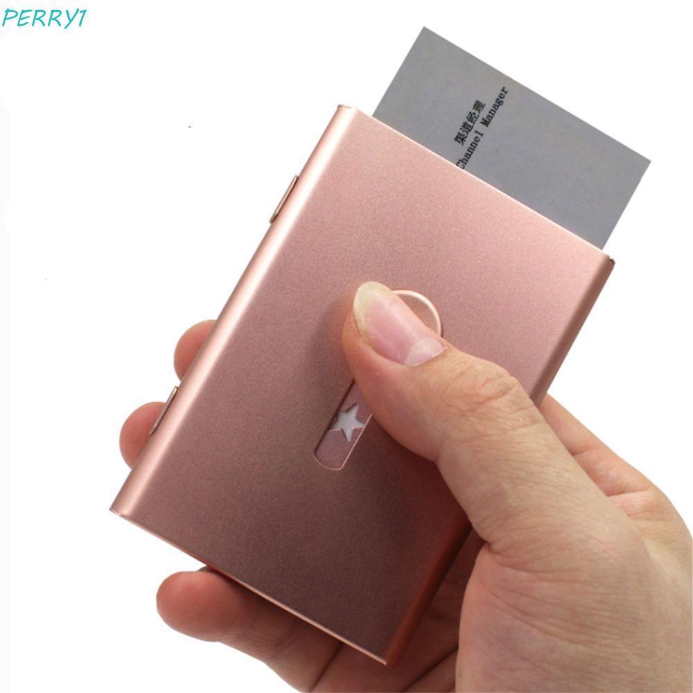 PERRY Thumb Slide Out Business Name Card Holder Metal Men Women Scrub Star Nhôm ID Card Case