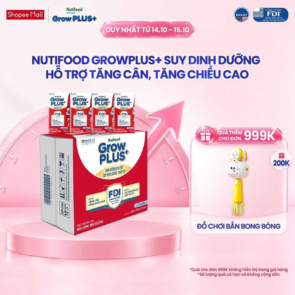 Thùng 24 hộp SBPS Nutifood GrowPLUS+ Suy Dinh Dưỡng (Đỏ) Ít đường 110ml - Tăng…