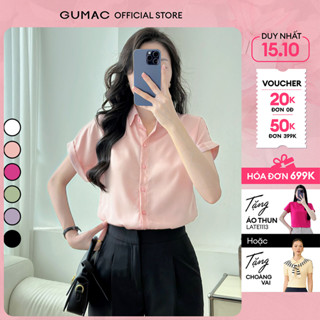 Áo sơ mi nữ tay liền lật lai hồng đen trắng lụa mềm mát công sở thời trang GUMAC AE04036