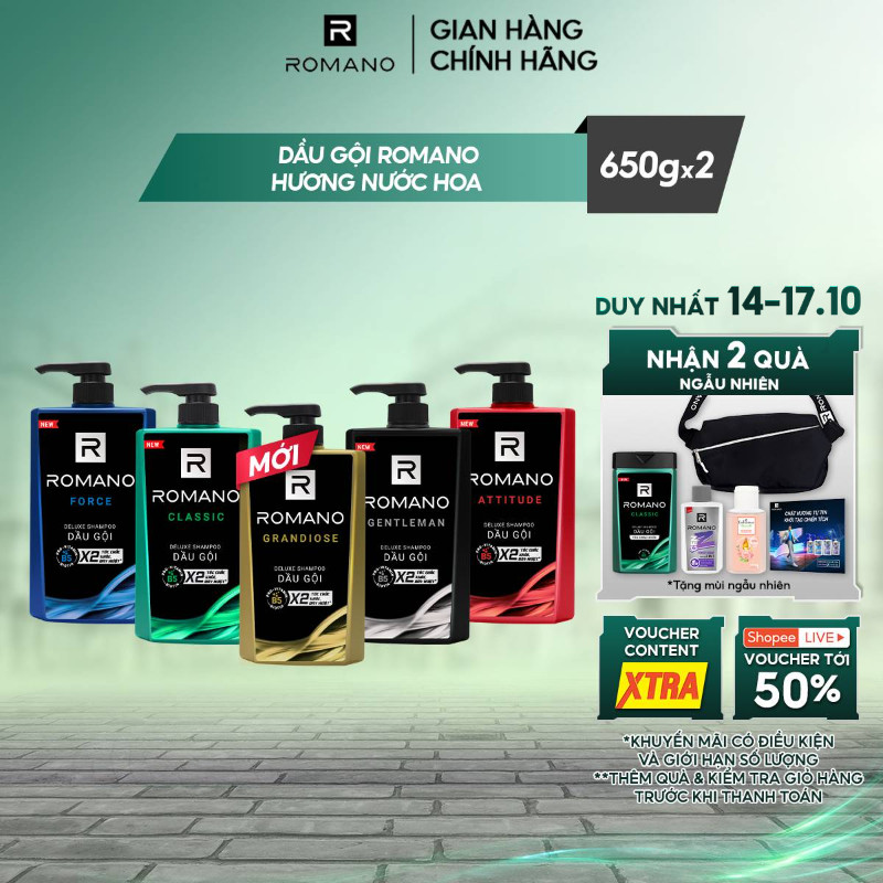 Combo 2 Dầu gội nam Romano hương Nước hoa nam Attitude/Gentleman/Force/Classic 650g - 4 Mùi