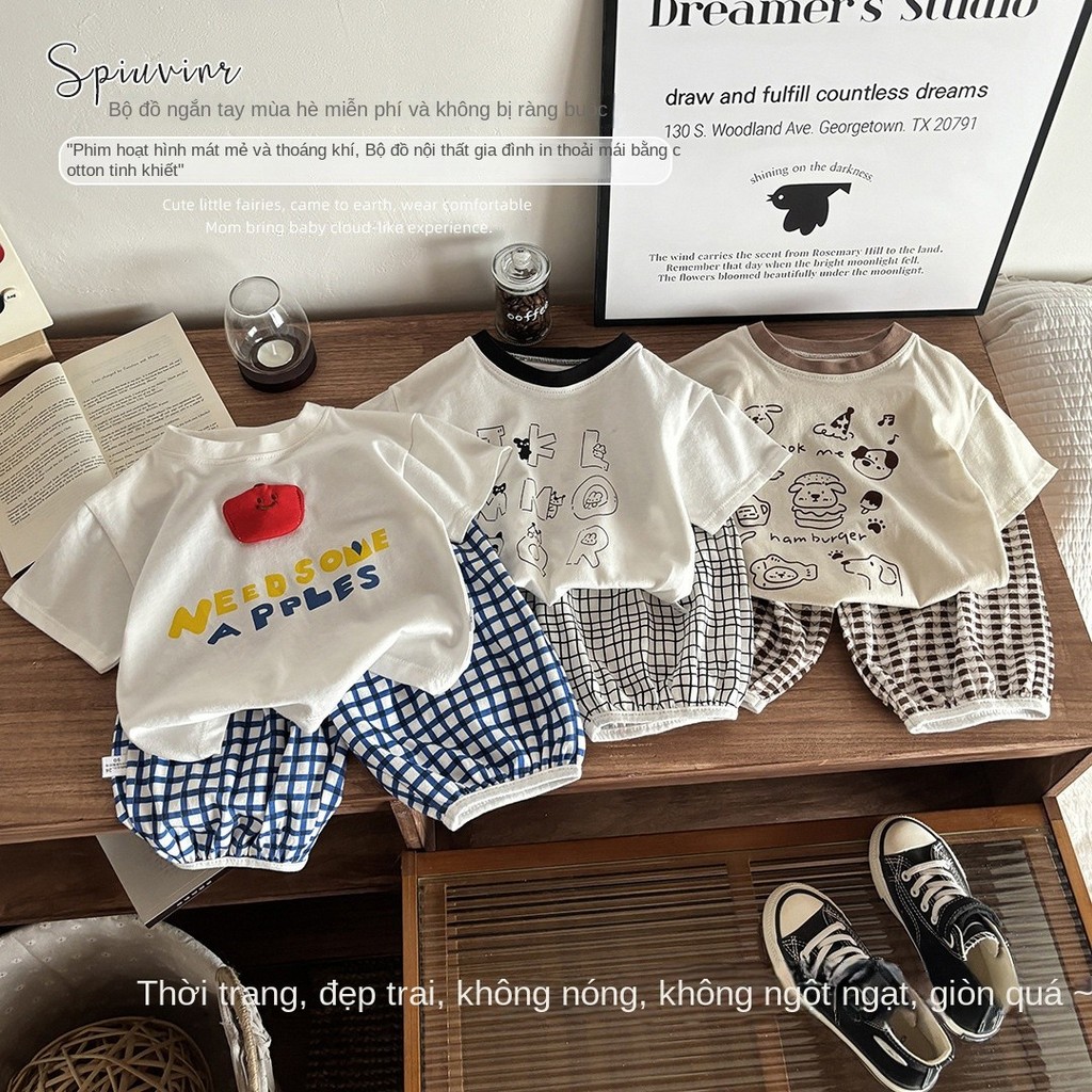 Bộ Đồ Mùa Hè Trẻ Em Quần Kẻ Sọc Trang Phục Trẻ Em Phong Cách Hàn Quốc Mẫu Mới 1-7 Tuổi Áo Phông Chữ 