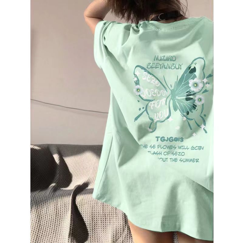 100% Không Pilling Mambo Phong Cách Mặc Bạc Hà Xanh Ngắn Tay Áo Thun Nữ Mùa Hè Rời Bướm In Top ins10