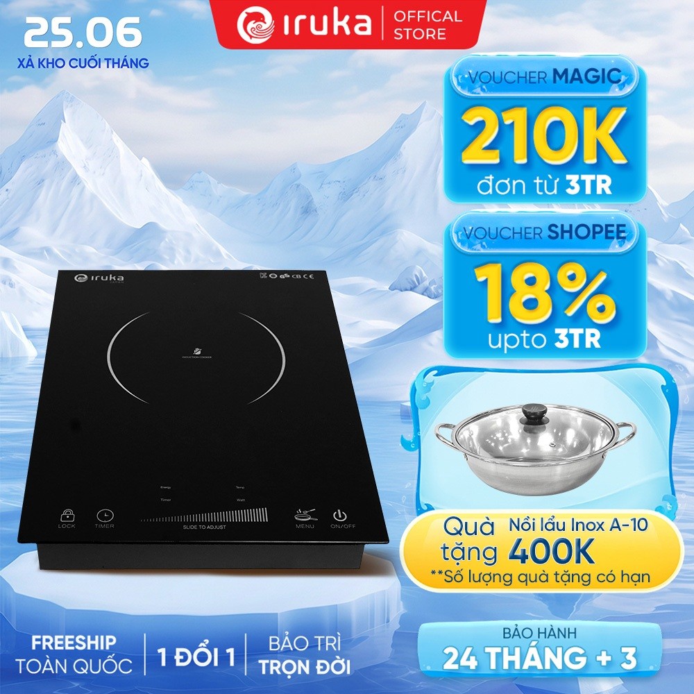 Bếp từ Iruka I-111, 2 vòng nhiệt, mặt kính ceramic, 2000W