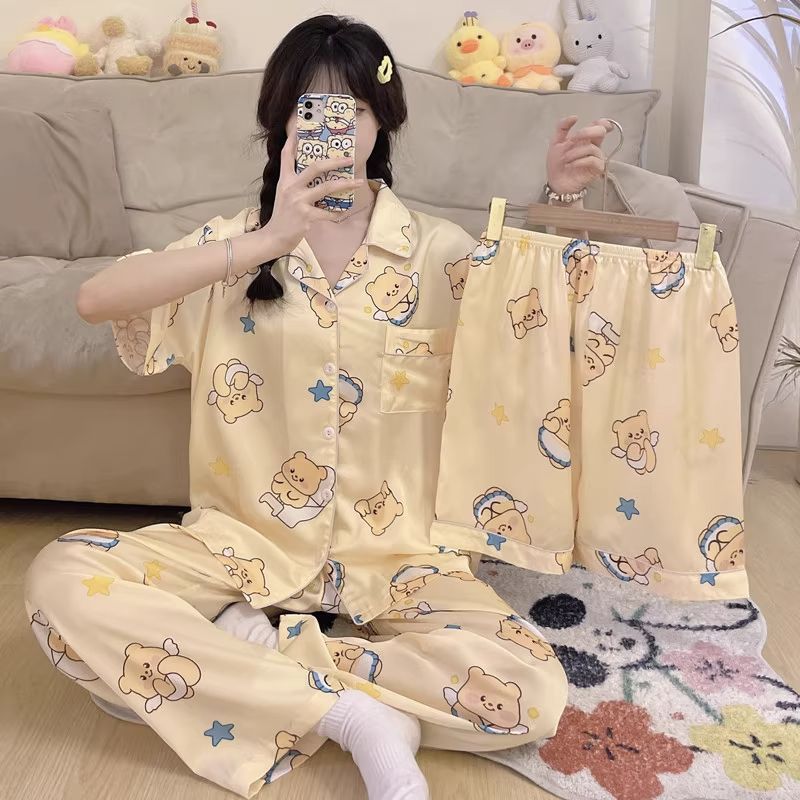 Butterbear Butterbear Ice Silk Bộ Đồ Ngủ Nữ Mùa Hè Tay Ngắn Béo mm Hoạt Hình Dễ Thương Loungewear Ba