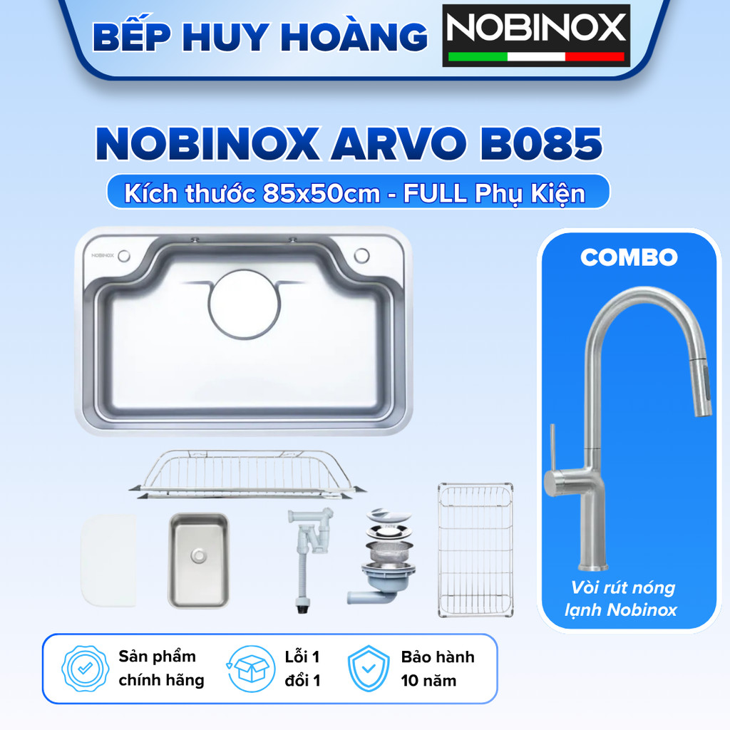 Chậu rửa 1 hố cao cấp NOBINOX ARVO B085 | Kích thước 85 X 50 CM | Hàng chính hãng